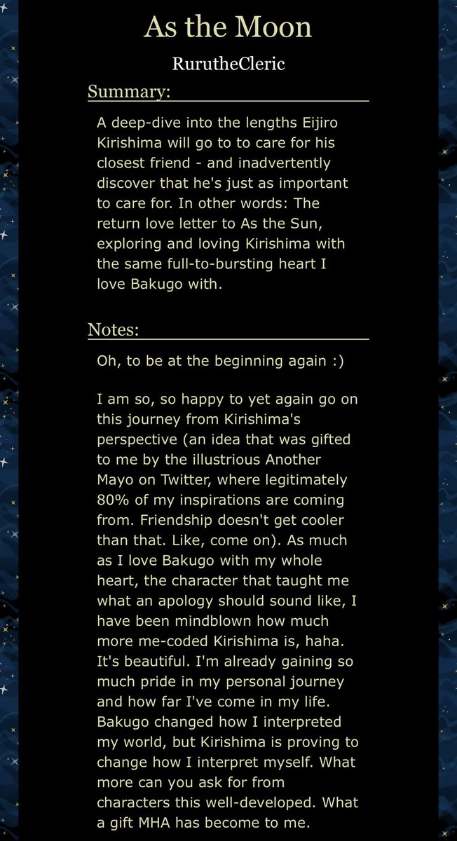 RurutheCleric's tweet photo. Finally, I get to start saying again: Happy #krbk Saturday ❤️😭🧡 Couldn’t be more thrilled to start posting my new longfic - As the Moon, the companion story to As the Sun, told from Kirishima’s POV. I missed my boys so muuuuch 🥹 https://t.co/yYQyPz1BDr https://t.co/8mmCadSrRR