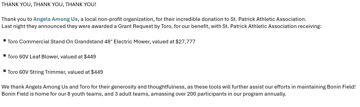 StPatrickIrish's tweet photo. St. Patrick Athletic Association is the recipient of a Toro Grant Request, via Angels Among Us

@MinnBaseball https://t.co/axevIs1w9C