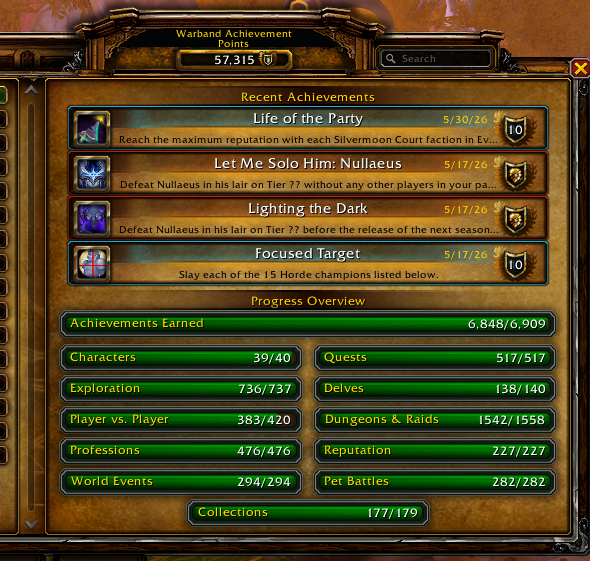 Buuloki's tweet photo. Life of the Party (all Silvermoon Court mini reps max) means Reputation achievements are back to 100%

I'm back to the point where most achievements are really high effort to get (PvP metas, CHETT, 1k delves) which is 🥱 https://t.co/LfeJA24UcP