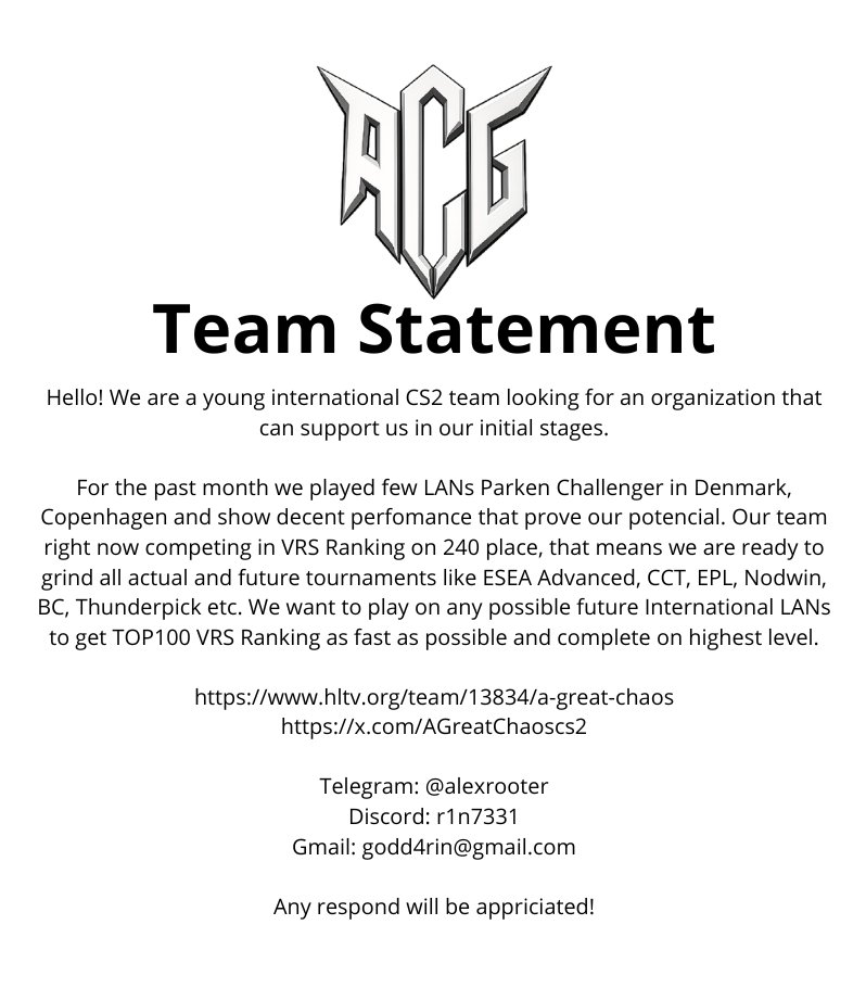AGreatChaoscs2's tweet photo. Hello! Our CS2 project require the organization support to continue competing in international LAN tournaments and achieving TOP VRS Rating as fast as possible. 

https://t.co/oDS2Ga3jtT

If u are intrested dm or contact: godd4rin@gmail.com 

#LFO #CS2 https://t.co/5gmkGbHuYA