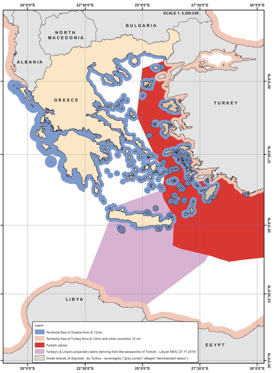 ictinus_x's tweet photo. ⚠️🇬🇷In the Aegean, Turkey’s is actively disputing EU’s sovereignty and maritime borders. 

It insists on limiting territorial waters to just 6 nautical miles, threatens war (casus belli) if Greece exercises its legitimate right to extend them to the internationally accepted 12 nautical miles, disputes Greek sovereignty over numerous islands through fabricated irredentist claims, and rejects the full continental shelf and EEZ rights that international maritime law grants to islands.
