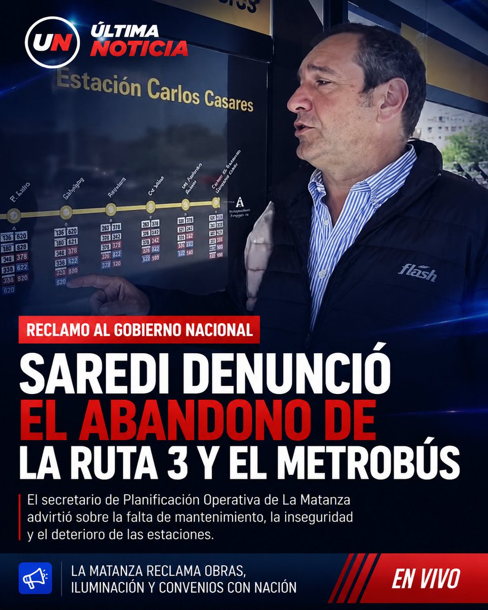 UltimaNoticiaBA's tweet photo. Miguel Saredi reclamó al Gobierno nacional por el deterioro del Metrobús y la Ruta 3 en La Matanza. El secretario de Planificación Operativa denunció falta de mantenimiento, problemas de iluminación y abandono de infraestructura en uno de los corredores más importantes del conurbano bonaerense. 🚍

https://t.co/LCflvus3kr

#LaMatanza #Ruta3 #Metrobús #MiguelSaredi #Transporte #Conurbano #BuenosAires