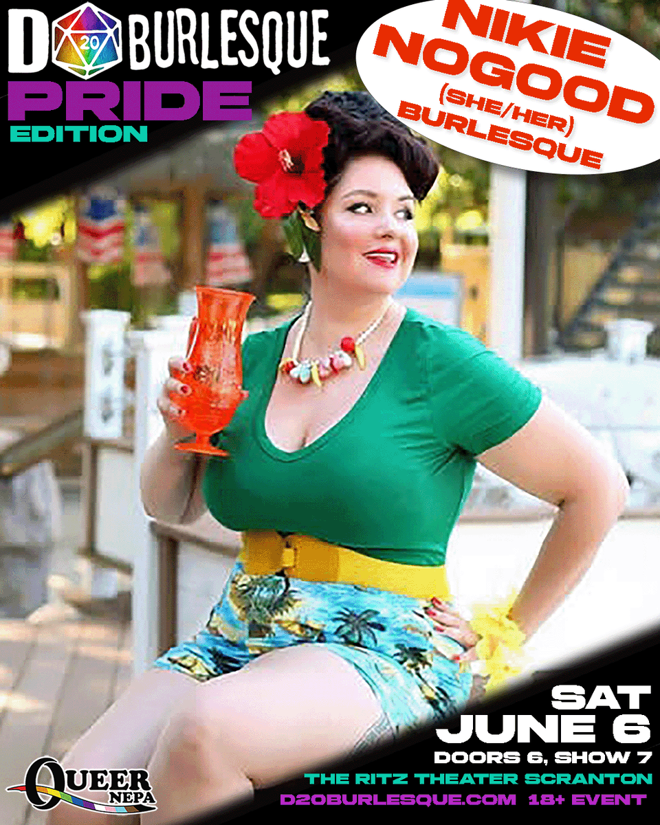 d20burlesque's tweet photo. PERFORMER SPOTLIGHT: Nikie NoGood
Nikie's been entertaining audiences since 1997! A former Miss Lancaster PA Pride &amp; Miss Electric City she takes drag and burlesque, tosses it in a bag with some pasties, and delivers the goods.

Don't miss Nikie June 6th
The Ritz Theater-Scranton https://t.co/M43y9Ip8vZ
