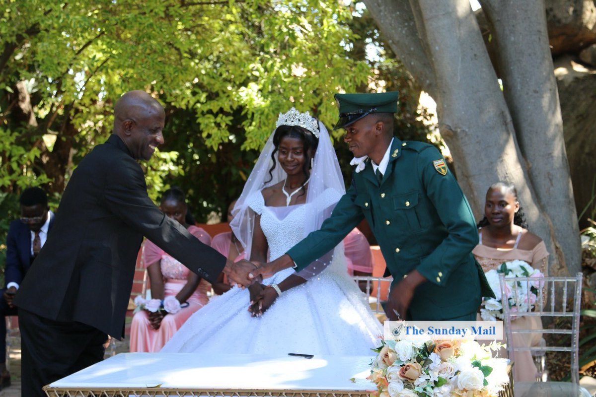 SundayMailZim's tweet photo. Corporal Kudakwashe Gude and Michelle Tshuma exchanged vows during a military wedding ceremony held today at Mumvuri Wedombo Gardens in Hatfield, Harare. - Pictures: Charles Muchakagara https://t.co/CQqh0lIiTJ