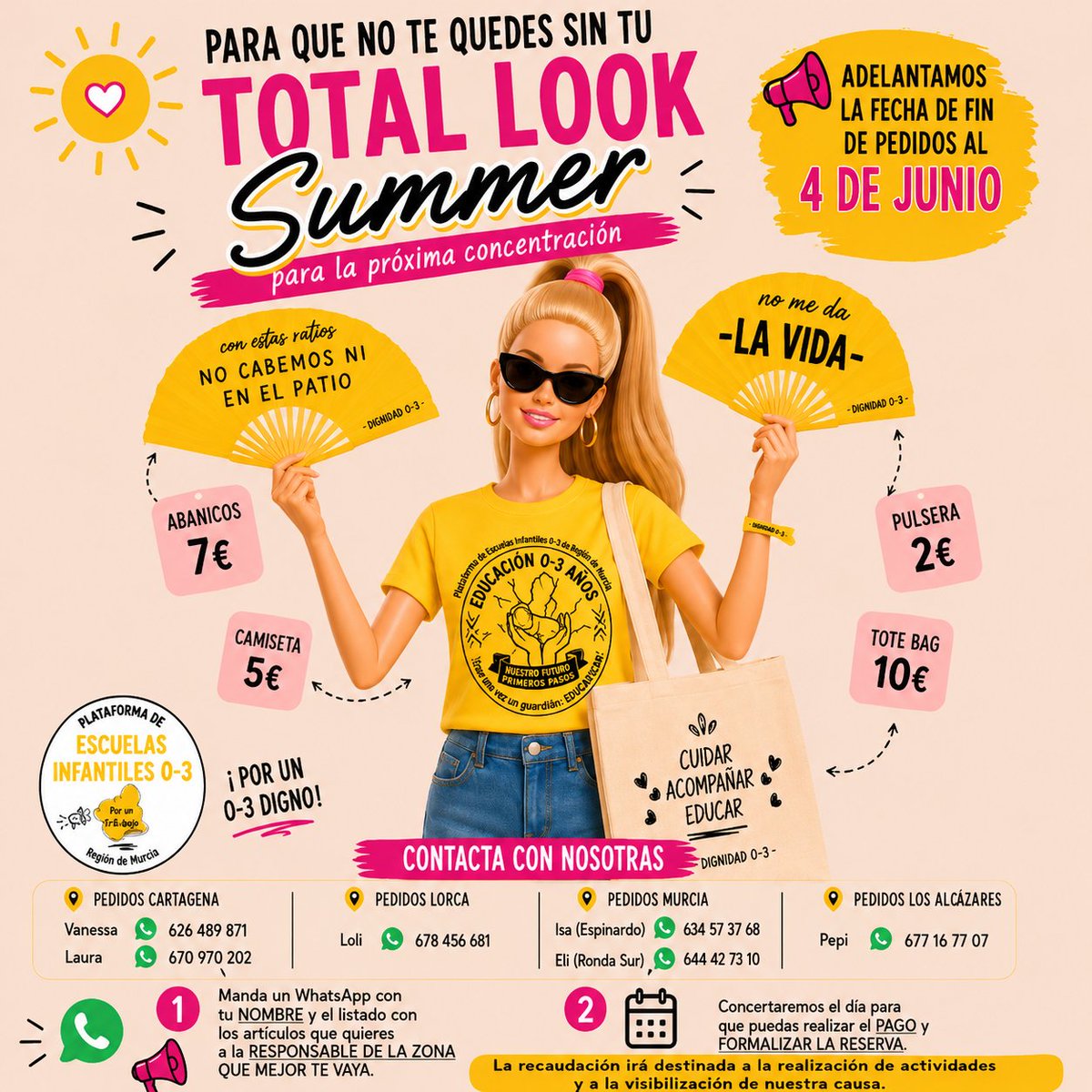 PLATAFORMAMUR03's tweet photo. ☀️ ¡No te quedes sin tu #TotalLookSummer!

💛 Camiseta 5€
💛 Abanico 7€
💛 Pulsera 2€
💛 Tote Bag 10€

📢 Pedidos hasta el 4 de junio.

Porque un 0-3 digno también se construye haciendo visible nuestra causa. 💛

#EducacionInfantil #Dignidad03 #RegionDeMurcia https://t.co/1NDdN3uX1B