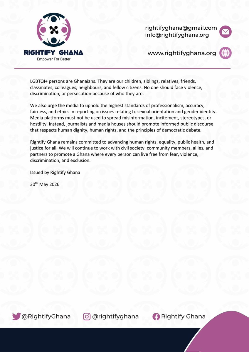 RightifyGhana's tweet photo. Rightify Ghana Condemns Passage of the Human Sexual Rights and Family Values Bill, 2025 (Anti-LGBTQ Bill), Urges Presidential Rejection

Its passage marks a troubling moment for human rights, constitutional freedoms, public health, and democratic governance in Ghana.

@JDMahama https://t.co/9bQpmIRg6D