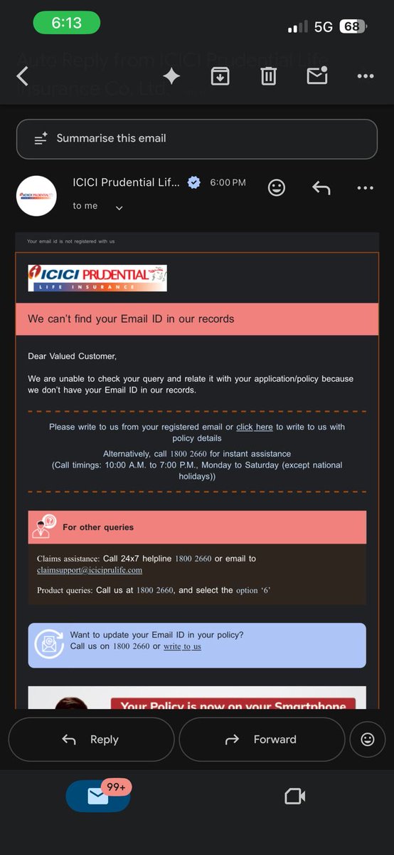 mehtaharsh41's tweet photo. I mailed @ICICIPruLife asking about the same, sharing all the details. But got hit by a bot reply. Seems like there is no email support to reach human to ask about a policy.

@NoBotForSupport https://t.co/e7eN7Ipcm8