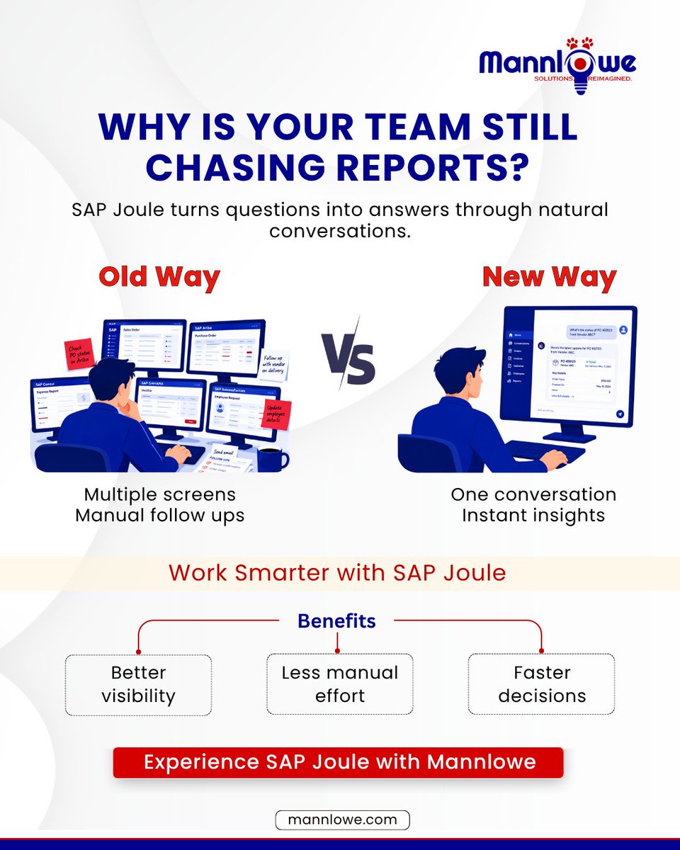 mannlowe's tweet photo. Still chasing reports across multiple SAP screens?

With SAP Joule, get answers, insights, and actions through one conversation. Less manual effort, better visibility, and faster decisions.

🌐 https://t.co/9LDO9dfwnv
.
.
.
.
.
#SAPJoule #SAPAI #EnterpriseAI #SAP #Mannlowe https://t.co/XX7gdxPVry