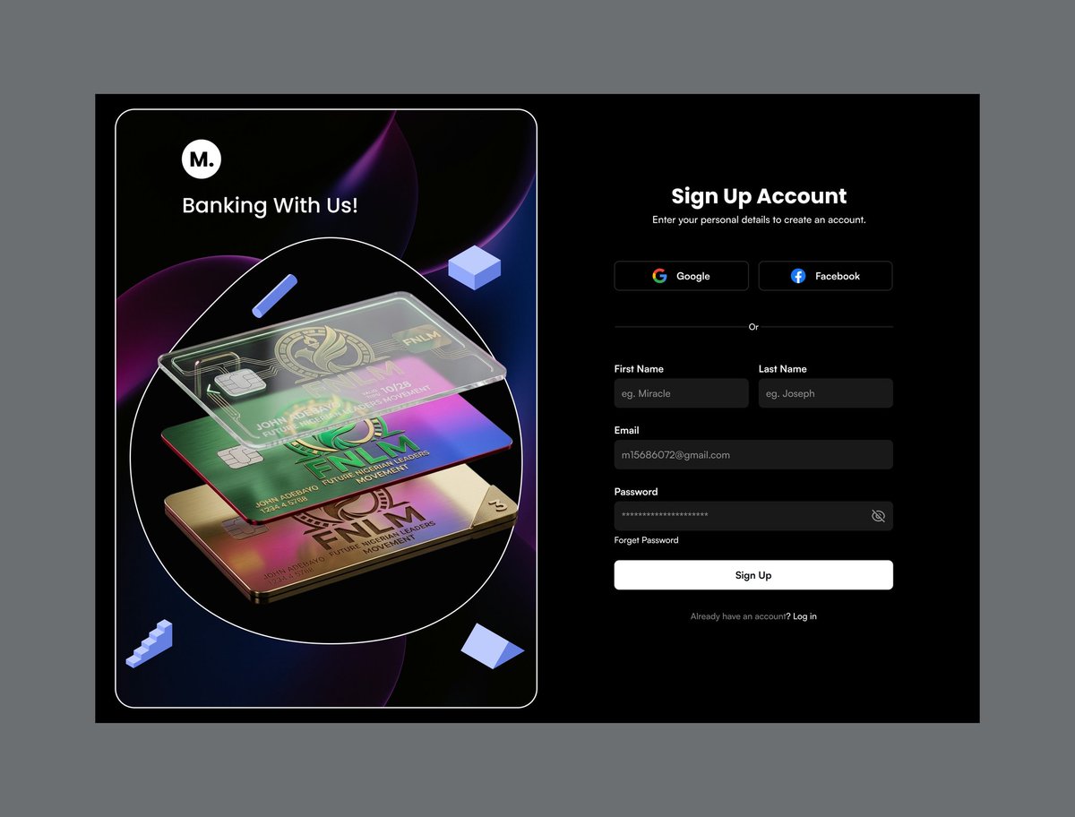 mir39717's tweet photo. Day 1/30 of my UI Design Challenge 🚀
Designed a modern banking signup page with a dark theme and 3D card visuals.
Focus areas: • Visual hierarchy • Form design • Modern fintech aesthetics
Feedback is welcome. 👇
#UIDesign #UXDesign #DesignChallenge #FintechDesign #Figma https://t.co/vbwG4YrU4l
