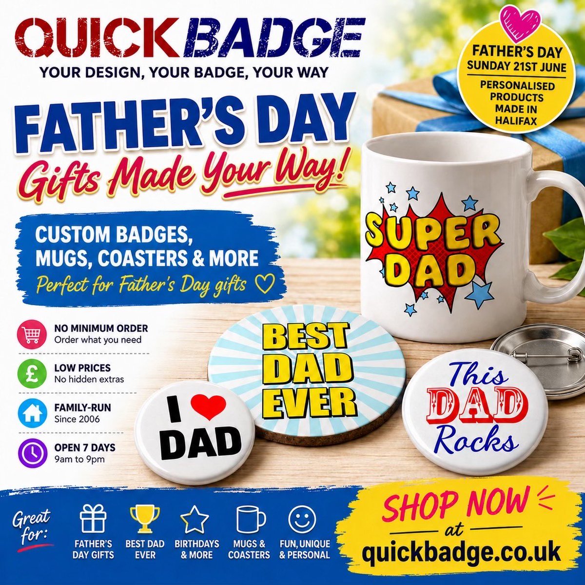 Quickbadge's tweet photo. ⏰ Left Father’s Day shopping until the last minute?

We’ve got you covered!
Create a personalised Father’s Day gift that’s thoughtful, unique and made just for him.

Order today at https://t.co/Sv98ulULZC

#LastMinuteGift #FathersDayGiftIdeas #PersonalisedPresent #GiftForDad https://t.co/GR8RKjk6aw