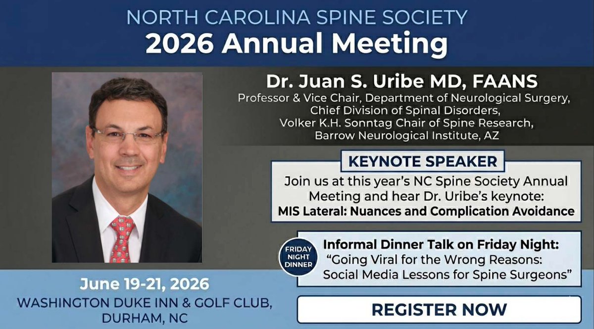 abdelbarrspine's tweet photo. Happy to announce that Dr. Juan Uribe @thejuansuribe , will be our invited keynote speaker NORTH CAROLINA SPINE SOCIETY meeting this June 9-11.
He will be a great addition to our already amazing speaker list
Registration link:
https://t.co/vhg6nzQbqX https://t.co/N13YhRyvtG