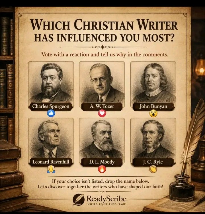 SospeterIsource's tweet photo. 📖 POLL TIME!
Many faithful servants of God have left us treasures through their writings and sermons. 

Some have challenged us to pray, others have deepened our understanding of Scripture, and some have stirred our hearts toward holiness and devotion.

Which Christian writer ? https://t.co/2zYSYdnqNv