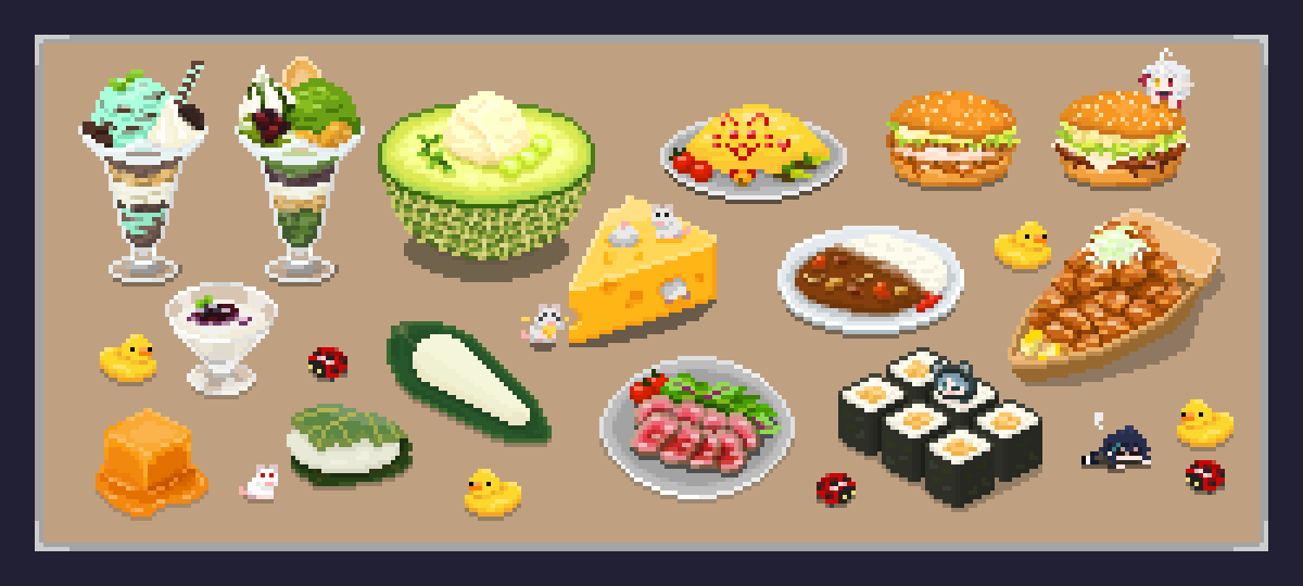 PixeLamArt's tweet photo. 今月も食べ物系が多かった月でした！
自分のボキャブラリーだと食べ物系尽きると思うんで定期的に好きなご飯＆デザート募集してるんでよかったらリプとか送って貰えたら！(気が乗ったらになっちゃうけど割と描きます)
#今月描いた絵を晒そう #pixelart https://t.co/qvCICqYhuZ