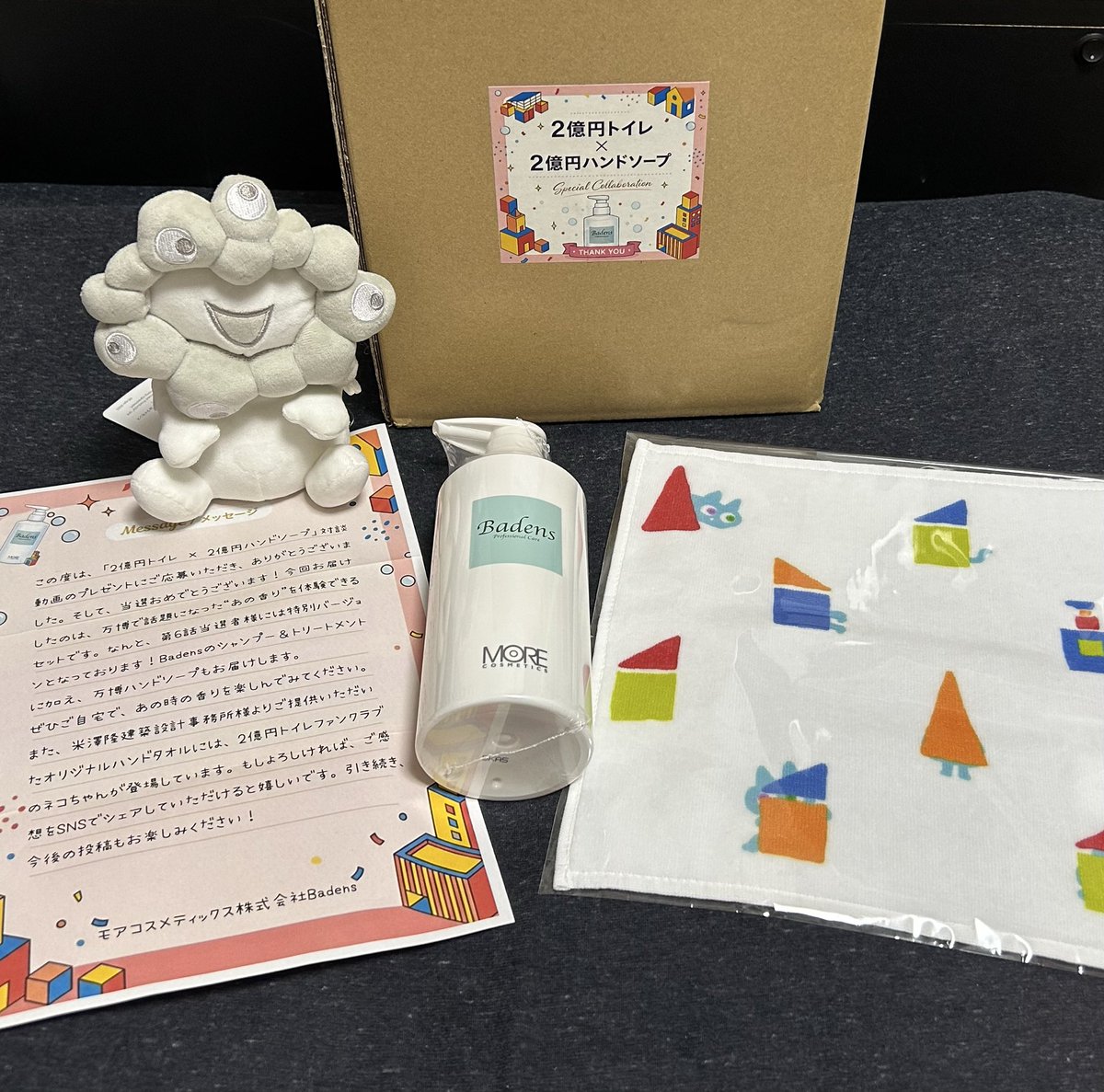 chururu_05's tweet photo. 2億円トイレx2億円ハンドソープに当選！
届いたので、ぬいと記念撮影も☺️
万博で沢山お世話になりバーデンス様ありがとうございました！使うの楽しみです！
ハンドタオルめっちゃ可愛い。。

＃バーデンス
＃万博2億円コラボ
#2億円トイレ https://t.co/i45ZLcPKf3