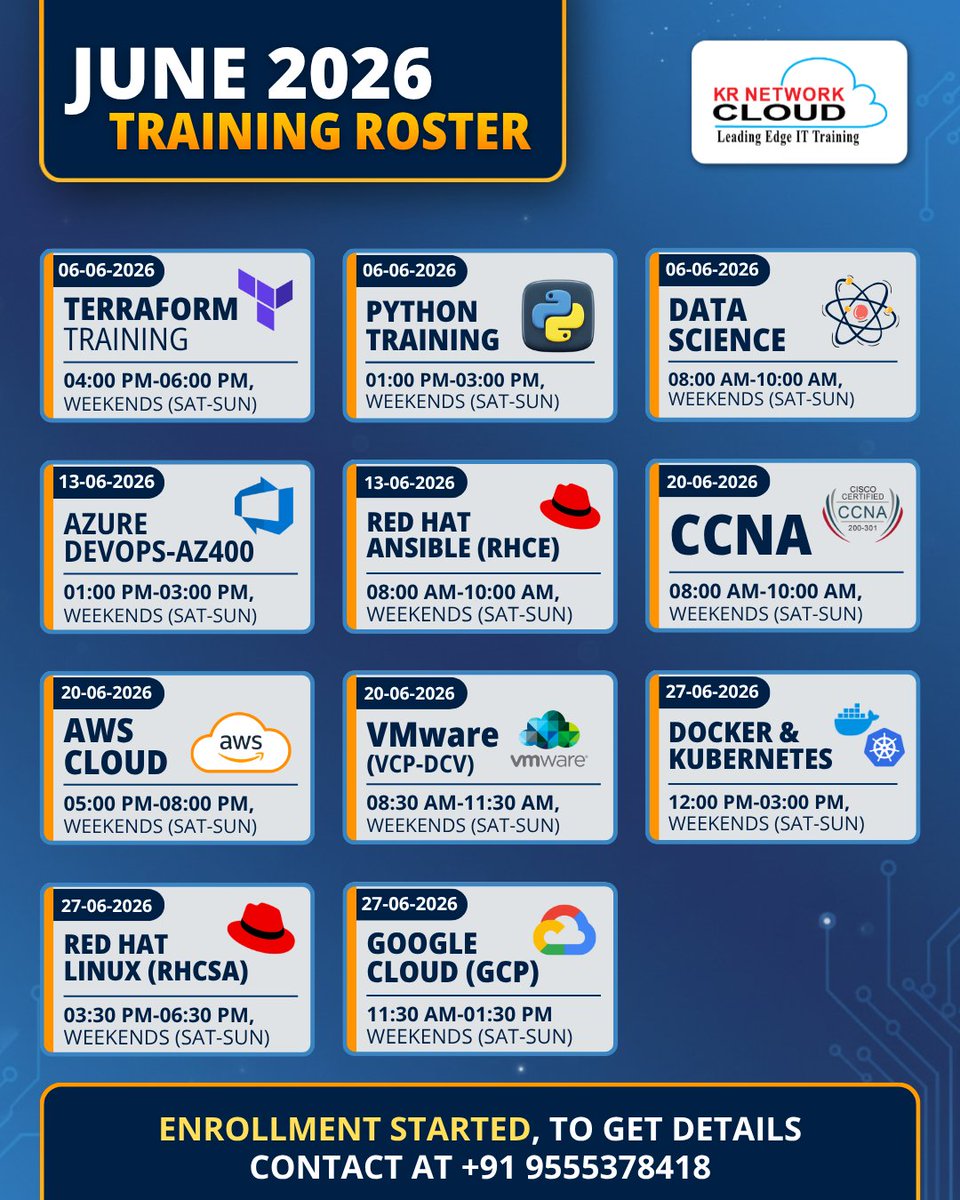 KRNetworkCloud1's tweet photo. 📢 June 2026 Weekend Training Batches Announced!

KR Network Cloud is pleased to announce the June 2026 Training Roster. 

📞 For batch details and enrollment:
+91 95553 78418

#KRNetworkCloud #ITTraining #CloudComputing #PythonTraining #DataScience #AWS #GoogleCloud https://t.co/Et030rJoLF