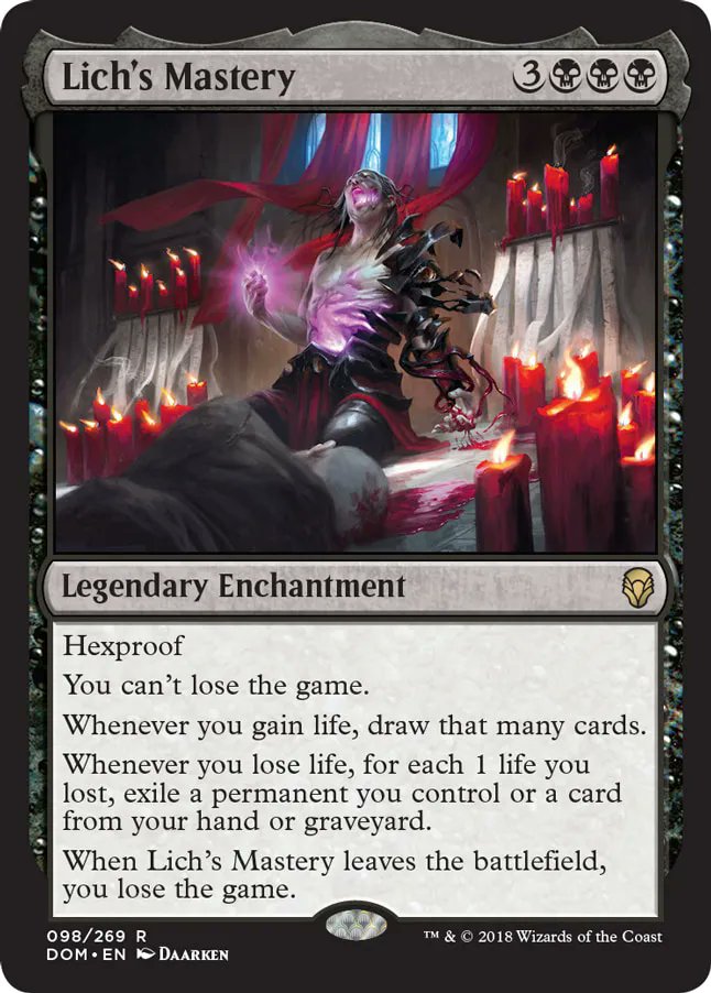 BodyOfCrime's tweet photo. @JuecesMagic Si un oponente hace que yo controle un Lich's Mastery de su propiedad y luego pierde o concede estaría haciendo que yo también pierda porque se activa el trigger al abandonar la carta el juego? https://t.co/R2nDzuO9hY