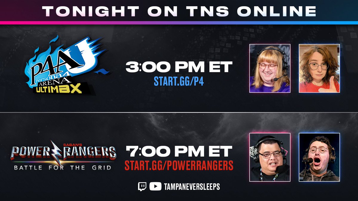 TampaNeverSleep's tweet photo. Hop in for our double-header:
🎭 P4AU at 3pm ET with @TabbyNickel @yohosiefgc 
🦸 @Battle4TheGrid at 7pm ET with @arneezy619 @yung_dostrow 

Sign up now! https://t.co/d6zvQOTnue