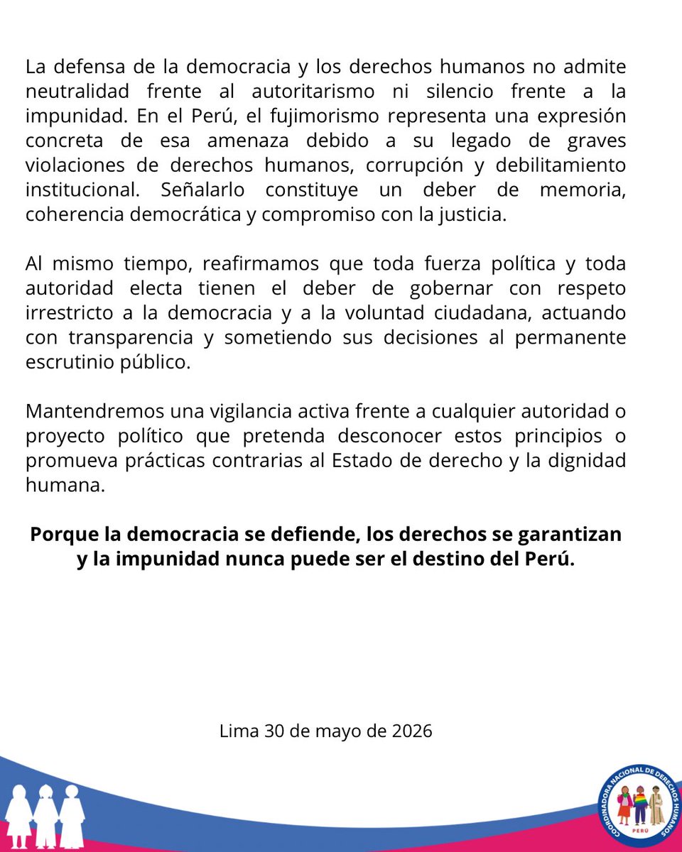 cnddhh's tweet photo. #PRONUNCIAMIENTO 
🚨 Ante la segunda vuelta electoral, la defensa de la democracia y los derechos humanos no admite silencio ni neutralidad frente a la impunidad, el autoritarismo y el retroceso de derechos.

Desde la CNDDHH exigimos compromisos claros, públicos y verificables con estos principios, así como la adopción del Consenso Nacional por los Derechos Humanos. 

✊🏽Porque la democracia se defiende, los derechos se garantizan y la impunidad nunca puede ser el destino del Perú.

#Democracia #DerechosHumanos #SegundaVuelta #Perú #CNDDHH #NoALaImpunidad