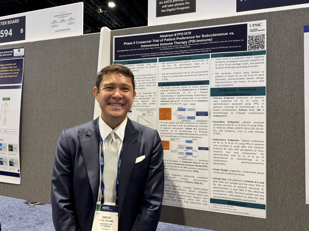 UPMCHillmanCC's tweet photo. Morning poster sessions underway at #ASCO26. @AnwaarSaeed3 on 2 studies on GI &amp; #coloncancer - (bd 445b/Bd 175) Anushri Kulkarni on how diet affects immune therapy(Bd 269) -Dr Vince Reyes on IV vs subcutaneous immune therapy (Bd 595a). @UPMCnews @PittHealthSci @UPMCPhysicianEd https://t.co/OsKVQ55DKV