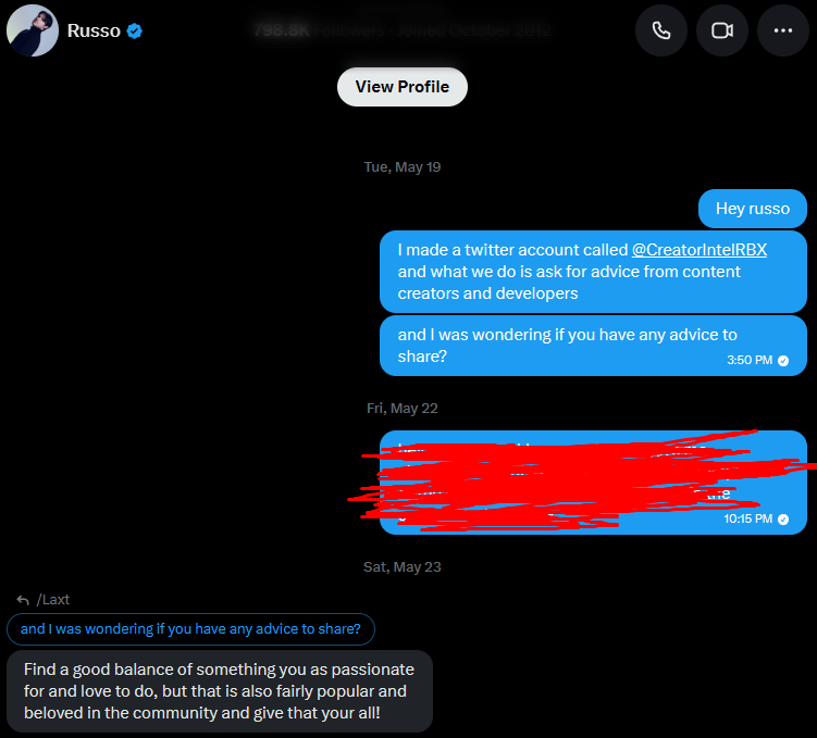 CreatorIntelRBX's tweet photo. A lot of creators try to chase trends, but the best long-term growth usually comes from building something you genuinely care about.

I asked @russotalks for advice for upcoming creators, and here's what he said.

Russo:

"Find a good balance of something you are passionate about and love to do, but that is also fairly popular and beloved in the community, and give that your all!"

Simple advice, but it's easy to overlook.

The creators who last the longest are usually the ones who combine passion with consistency. Build something you enjoy, focus on providing value, and keep showing up every day. 🚀