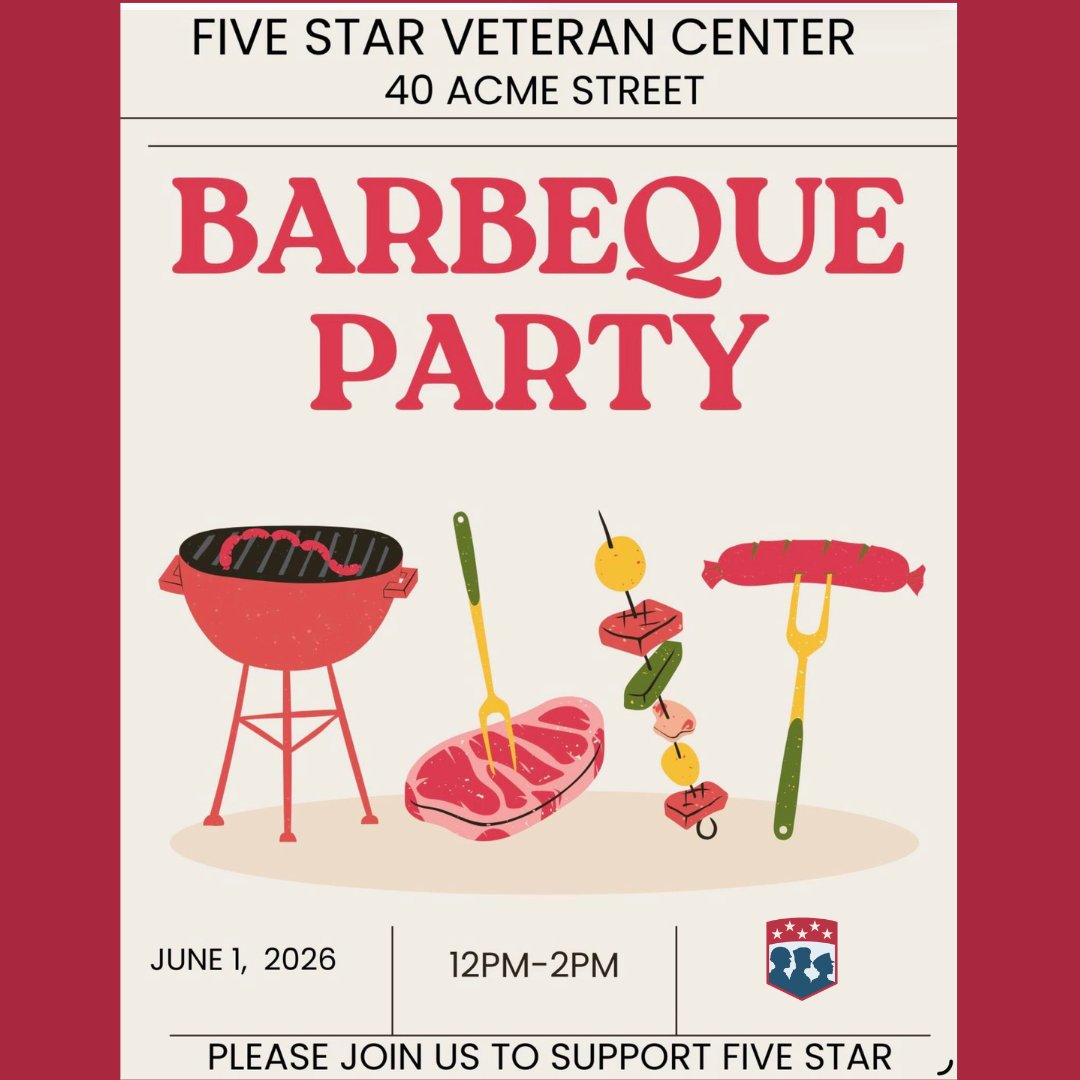5StarVeterans's tweet photo. We cordially invite you to join us at the Five STAR Veterans Center this coming Monday June 1st for a celebratory BBQ lunch.
This event is a wonderful opportunity for our community to come together, enjoy some delicious food, and show support for our veterans. https://t.co/dYqY57UAEf