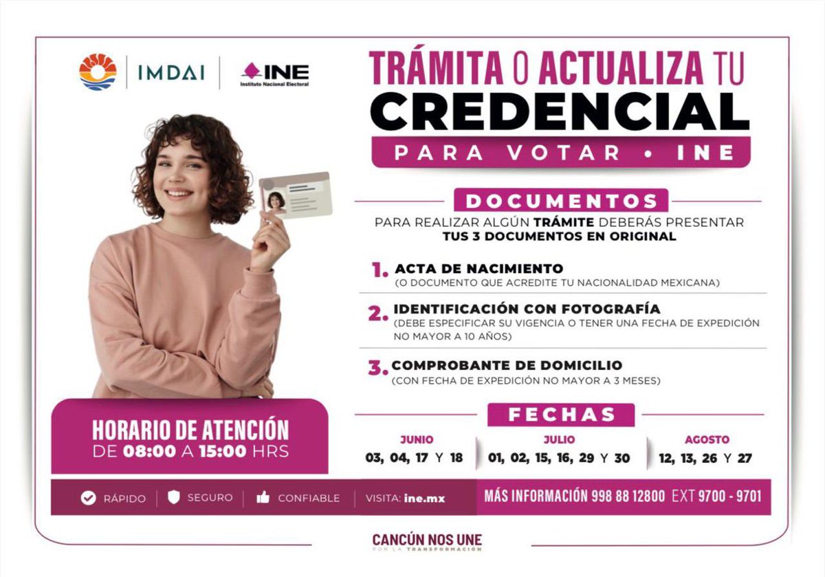 CanacoCancun's tweet photo. Tramita o actualiza tu Credencial para votar con el #INE o con el @imdaibj IMDAI Benito Juárez #Cancún https://t.co/kZiQcBIWd0