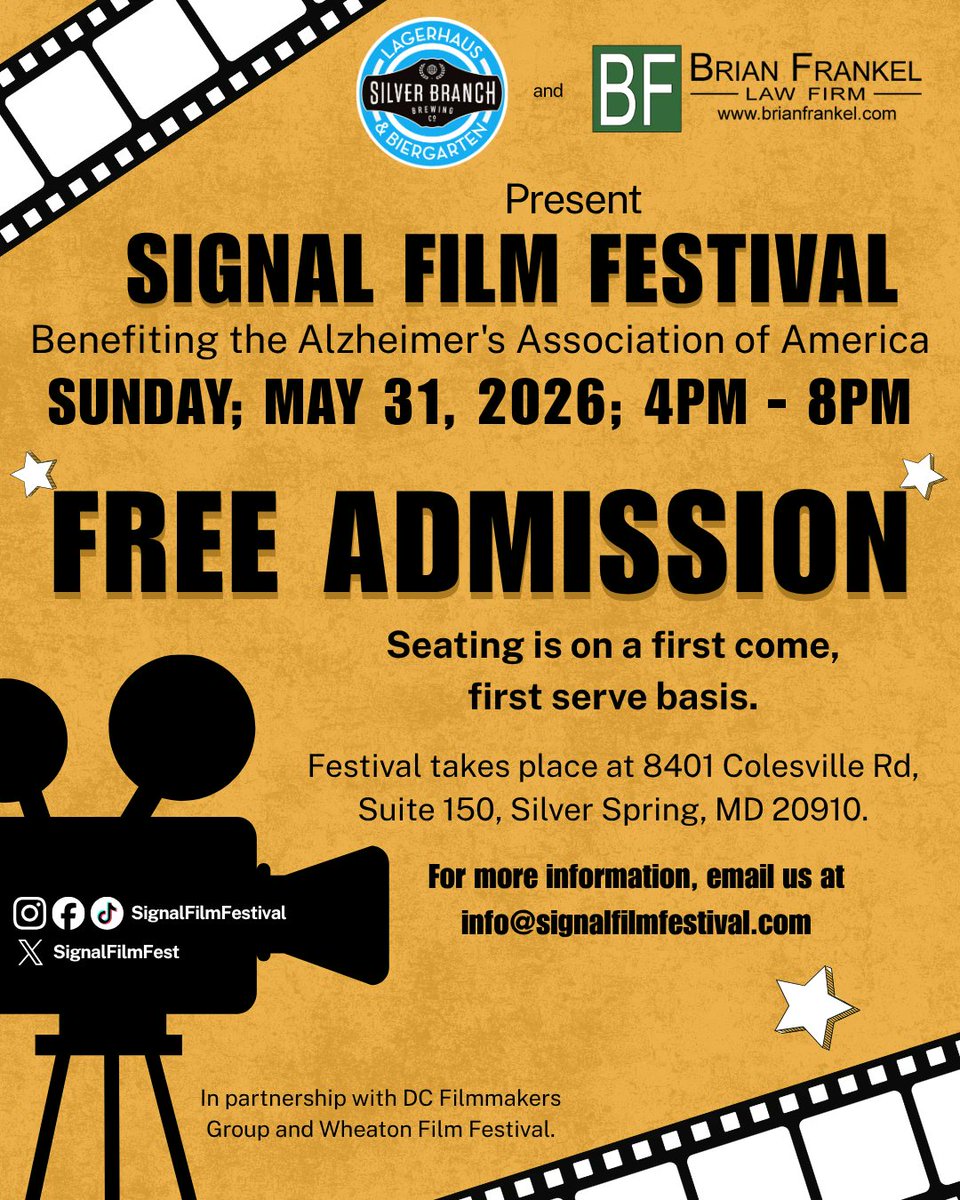 SignalFilmFest's tweet photo. Tomorrow (5/31/26) is the Signal Film Festival! Please join us as we raise money for the Alzheimer's Association. Admission is FREE, seating is limited and available on a first come, first served basis. If you do not have a ticket, simply check in at the registration table upon https://t.co/XvrDHEWSoa