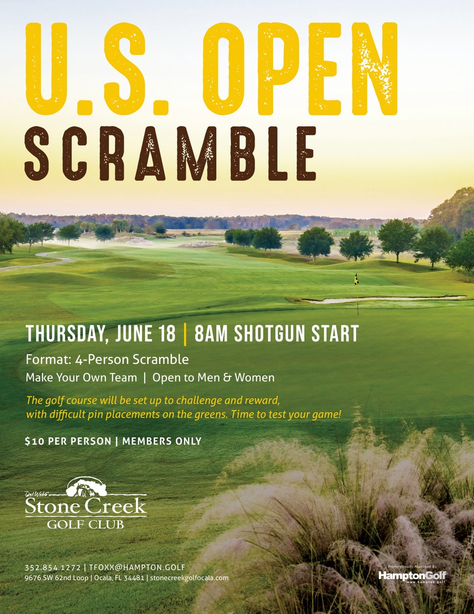 SC_GolfClub's tweet photo. It's time to test your game! Reserve your spot for the 2026 U.S. Open Scramble ⛳🏌️⁠
⁠
Thursday, June 18 | 8AM Shotgun Start⁠
Format: 4-Person Scramble⁠
⁠
$10 Per Person | Members Only⁠
⁠
For more information or to sign up: 352.854.1272 | tfoxx@hampton.golf⁠ https://t.co/SULwnOEgvO