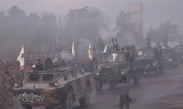 DoungaJohn's tweet photo. Pictures showing GAZ-3308 Sadko trucks and Toyota pick-ups mounted 23 mm ZU-23-2 AA guns, BRDM-2 APC and ZSU-23-4 Shilka SPAAGs of Jaysh Al-Islam, 2015. https://t.co/I3ZnINS2rz