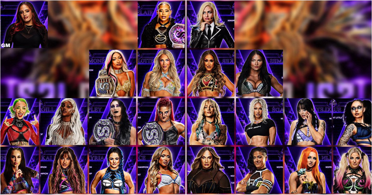 S2lWrestling's tweet photo. #S2LEclipse💜🌘✨

GM: AVA

1. (WORLD ©) BIANCA BELAIR
2. (U.S ©) MERCEDES MONÉ
3. QUEEN CHARLOTTE FLAIR @aescado
4. CHELSEA GREEN
5. DAKOTA KAI
6. GIULIA
7. JADE CARGILL @GL4MOUR_Z0NE 
8. LYRA VALKYRIA
9. LOLA VICE
10. (WTT ©) RHEA RIPLEY
11. (WTT ©) ZARIA
12. ALEXA BLISS https://t.co/GeIeXQMh0E