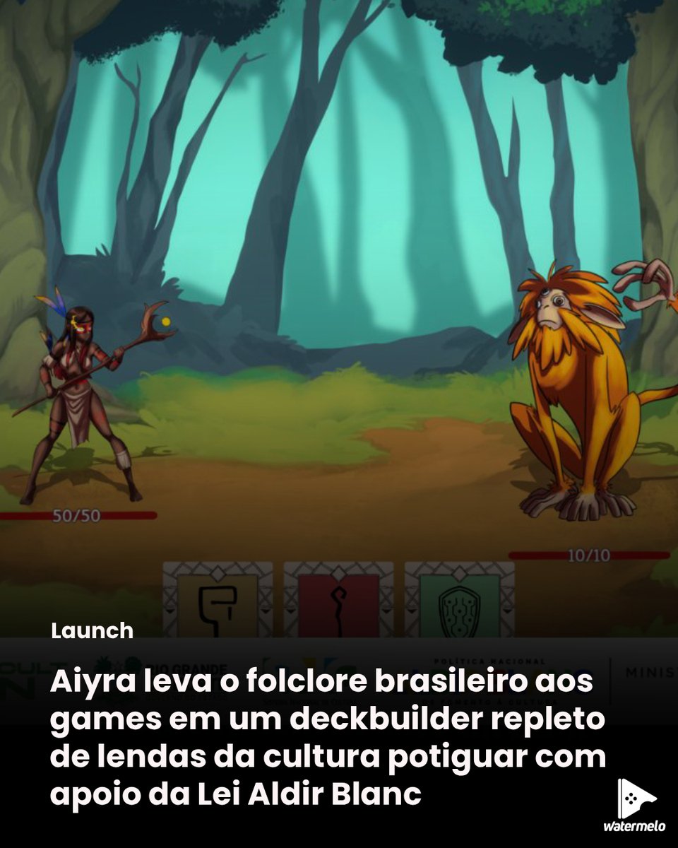 watermelobr's tweet photo. Disponível gratuitamente no https://t.co/x3DkEhzVyQ, Aiyra (@aiyra_game) chega ao público como um deckbuilder roguelike inspirado em Slay the Spire, combinando mecânicas estratégicas com uma narrativa baseada no folclore brasileiro. Financiado pelo edital Aldir Blanc do Rio Grande do Norte, o projeto busca valorizar especialmente a cultura potiguar, apresentando ao universo dos games personagens, lendas e elementos que fazem parte da riqueza cultural do país.