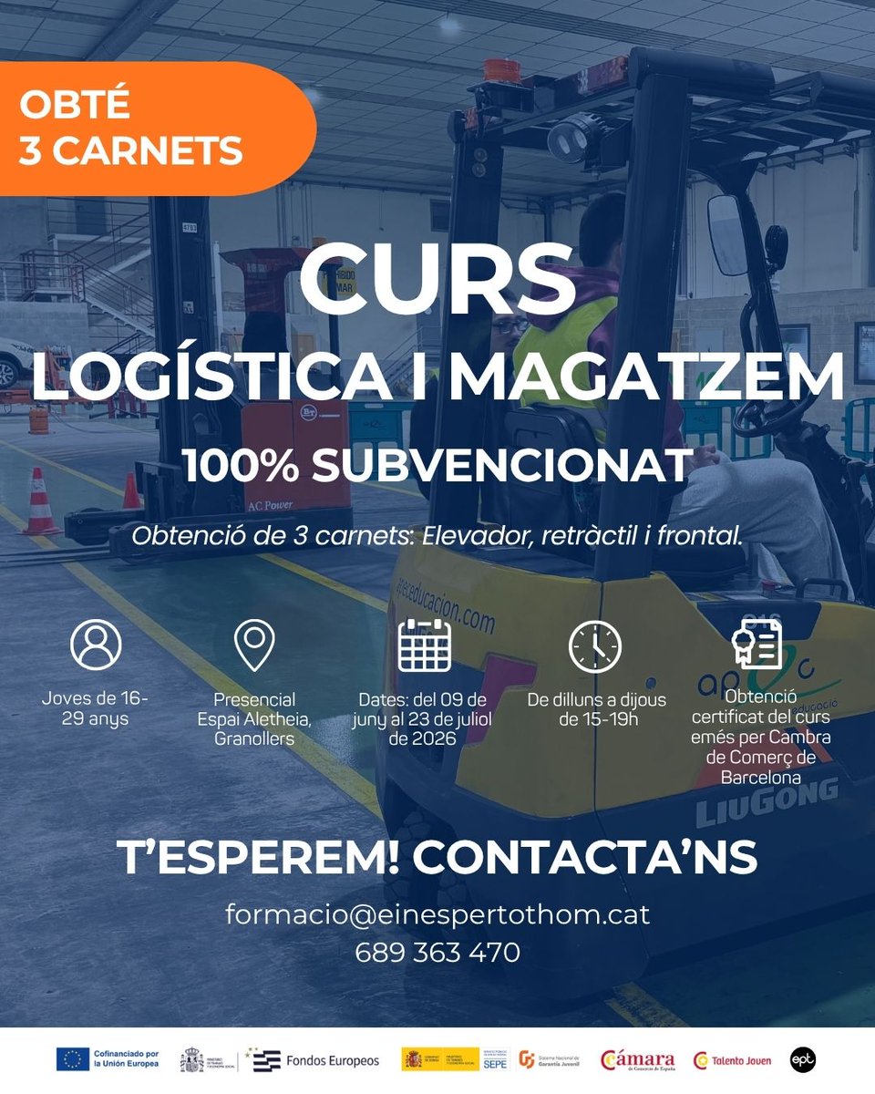 EinesPerTothom's tweet photo. Les places són limitades.
Fes el pas i prepara’t per entrar al món laboral amb una formació pràctica i amb alta demanda.

📩 formacio@einespertothom.cat
📞 689 363 470

#EinesPerTothom #Formació #Logística #Magatzem #Granollers https://t.co/PmaX7JZ1A9