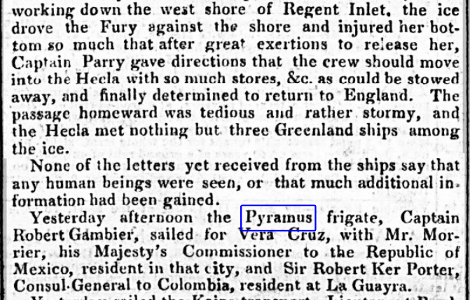 CaptFitzjamesRN's tweet photo. The Morning Herald of 24 October 1825 reports on the return of Edward Parry's Hecla &amp; Fury expedition and on the departure of Fitzjames' first ship, HMS Pyramus. https://t.co/s0J07EKbcx
