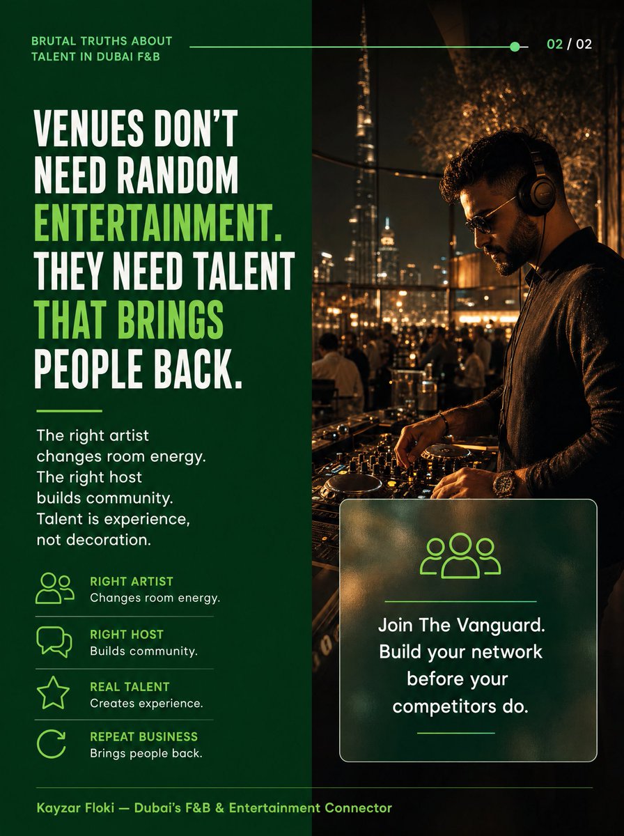 KayzarFloki's tweet photo. Dubai doesn’t need more restaurants. It needs better experiences. 🔥

Venues win with community, entertainment, and reasons to return.

Talent isn’t decoration. It creates the experience.

Follow @kayzar.floki

#DubaiFNB #TheVanguard #KayzarFloki https://t.co/C6US0Dzxku