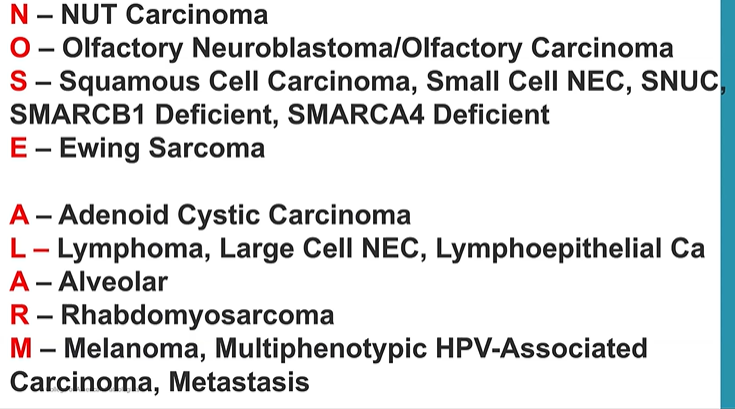Janiranavarro's tweet photo. For sinonasal blue tumors, use a panel approach for immunohistochemistry

Basic immunostain panel:
- CK (AE1/AE3 or OSCAR)
- p40
- SOX10
- CD99
- Desmin
- Synaptophysin
- INI-1
- CD45

Dr. Lewis #JobPrepBootcamp #NIPCAP #pathology #PathX https://t.co/Rd64CENMsX