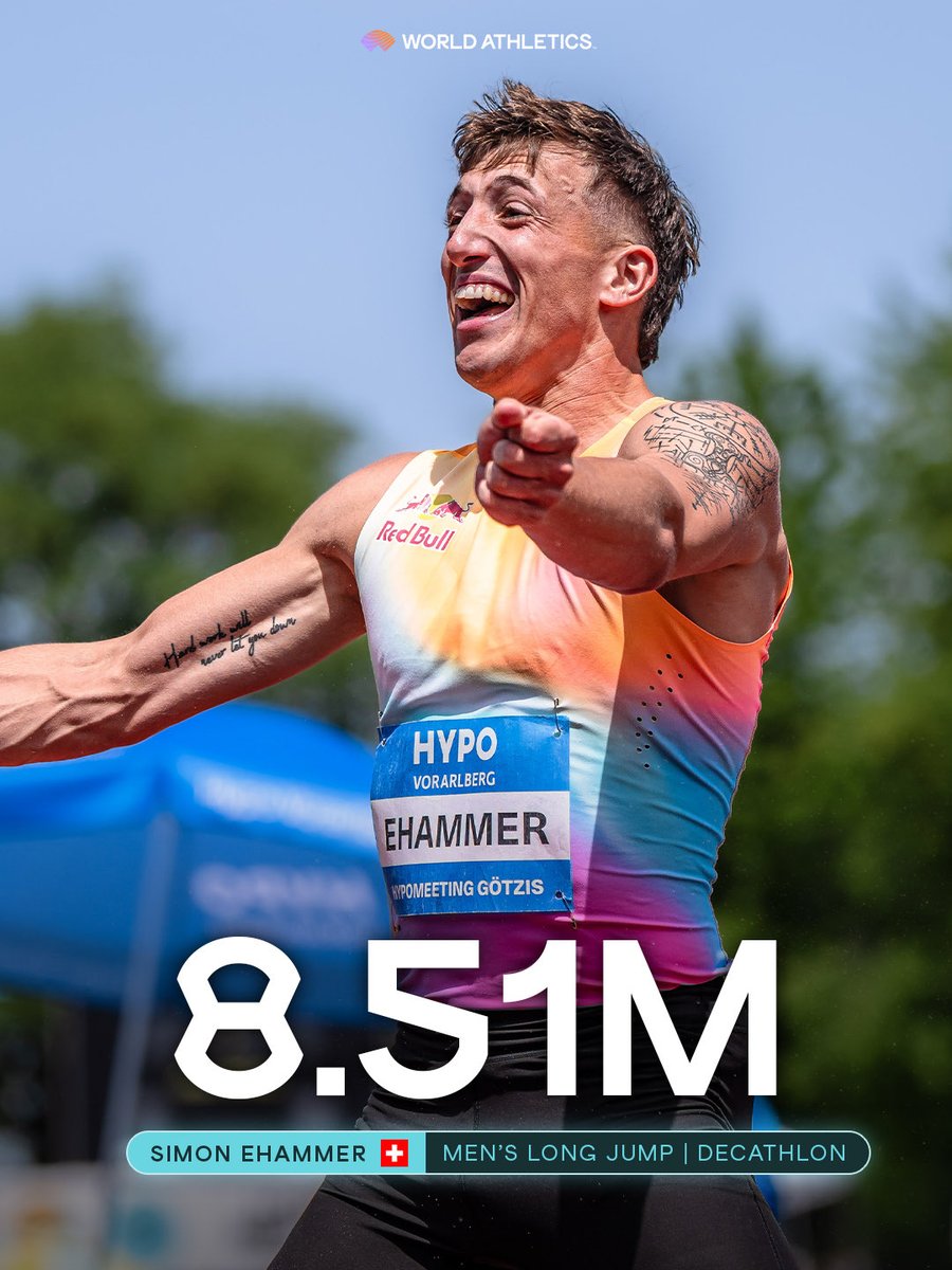 WorldAthletics's tweet photo. HE’S UNSTOPPABLE 🔥

Simon Ehammer FLIES to a world decathlon best, world lead and national record of 8.51m in the long jump at @meeting_goetzis 👑 https://t.co/hjNDO74syV