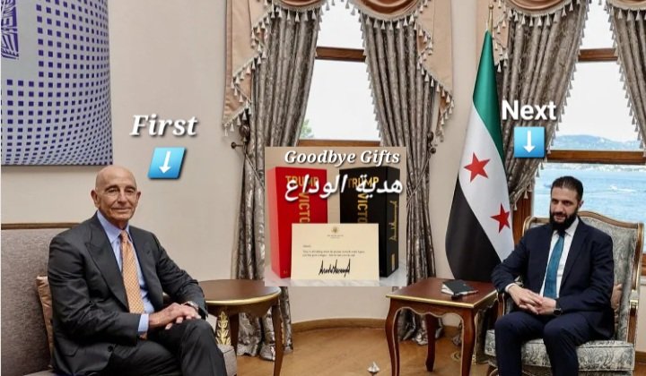 opc4human's tweet photo. ⚠️Take heed: We knew that Trump would not dismiss Tom Barrack  from the Syria file, directly, in a way that would negatively reflect on the image of the White House administration. 🚨We also knew that changes would occur in the Syrian scene after Tom Barrack's involvement in protecting perpetrators of systematic violations. (The perfume gifts are farewell gifts.) 🚨What concerns me now is to warn and call for caution, and caution⚠️, because the possibility of unrest may occur here and there. Therefore, take extra precautions. The next stage is not easy.