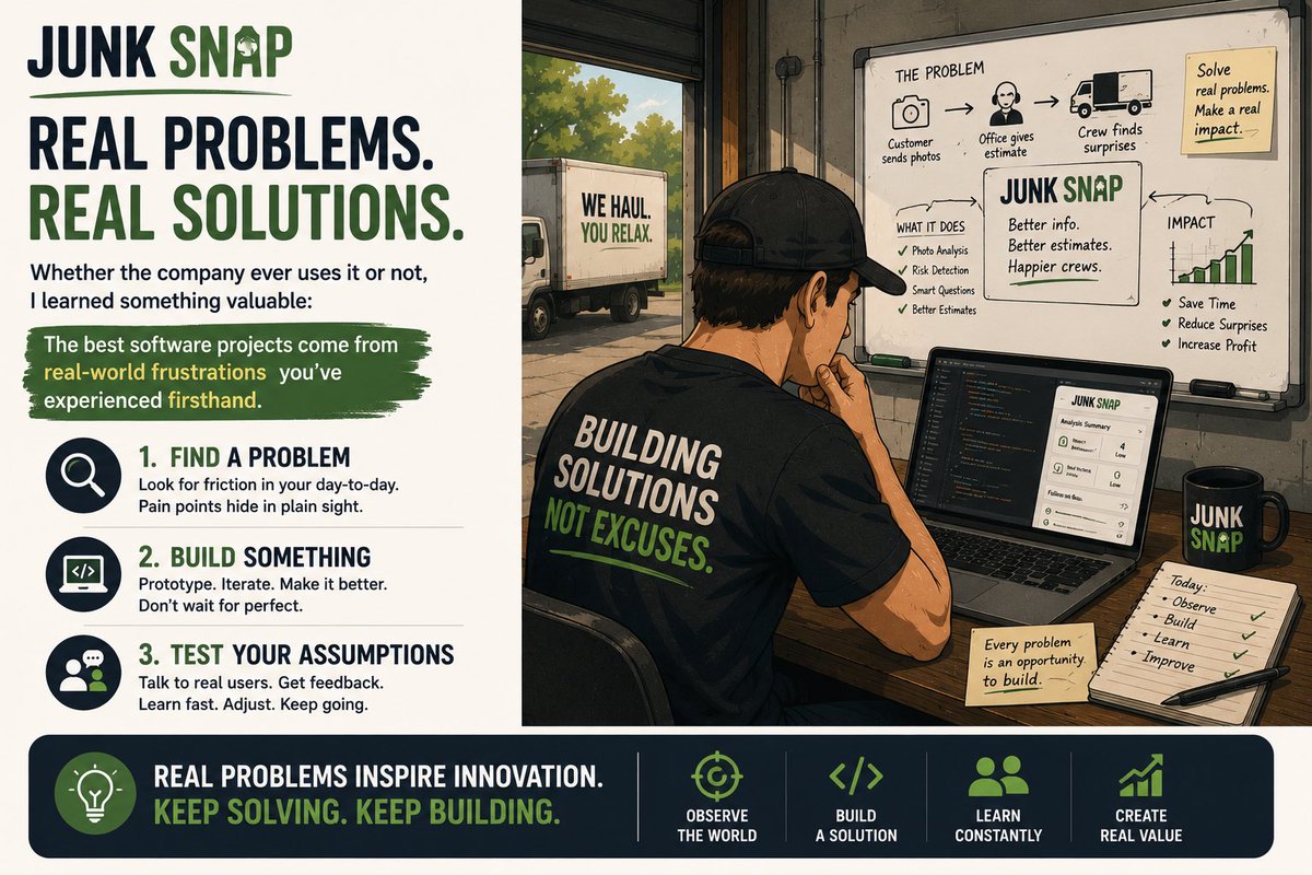 vtguy65's tweet photo. Whether the company ever uses it or not, I learned something valuable:

The best software projects come from real-world frustrations you’ve experienced firsthand.

Find a problem.

Build something.

Test your assumptions. https://t.co/4HnYMwRz5R
