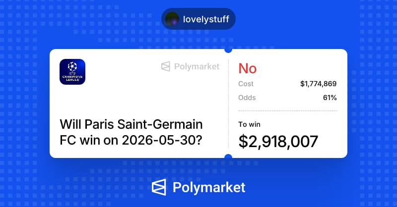 magsimich's tweet photo. On Polymarket, a trader placed a $3.32M bet on the UCL final between Paris Saint-Germain and Arsenal

> If PSG doesn't win, he earn almost $3M

> If Arsenal lifts the trophy, he earn $3.5M

In total, the net profit on the Champions League final will be $3.11M, Wow!

> He's already won $1.9M before
> He's only made 8 predictions

His profile: https://t.co/xXHfCa8uxX

A bet on PSG not to win means Arsenal just need to avoid defeat, and he'll make $1.14M in net profit

A bet on Arsenal to win the Champions League means they can win after extra time, including penalties, and he'll make $1.97M in net profit

> Arsenal to lift the trophy - $3.11M in net profit
> PSG to lift the trophy - $3.3M loss

Just one match, so many possibilities