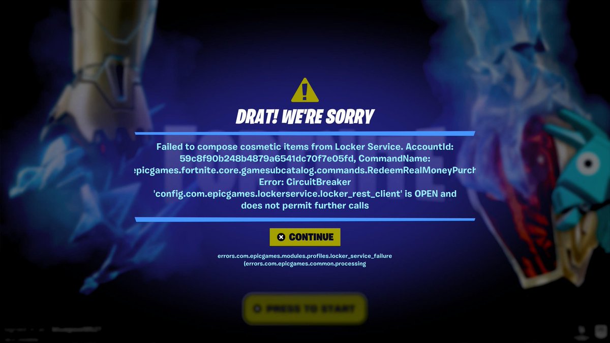 DJBluepool27's tweet photo. @Fortnite @FortniteStatus can you guys fix this issue because every time I try to load into the game it keeps popping this up every time https://t.co/rKrrUGHlj2