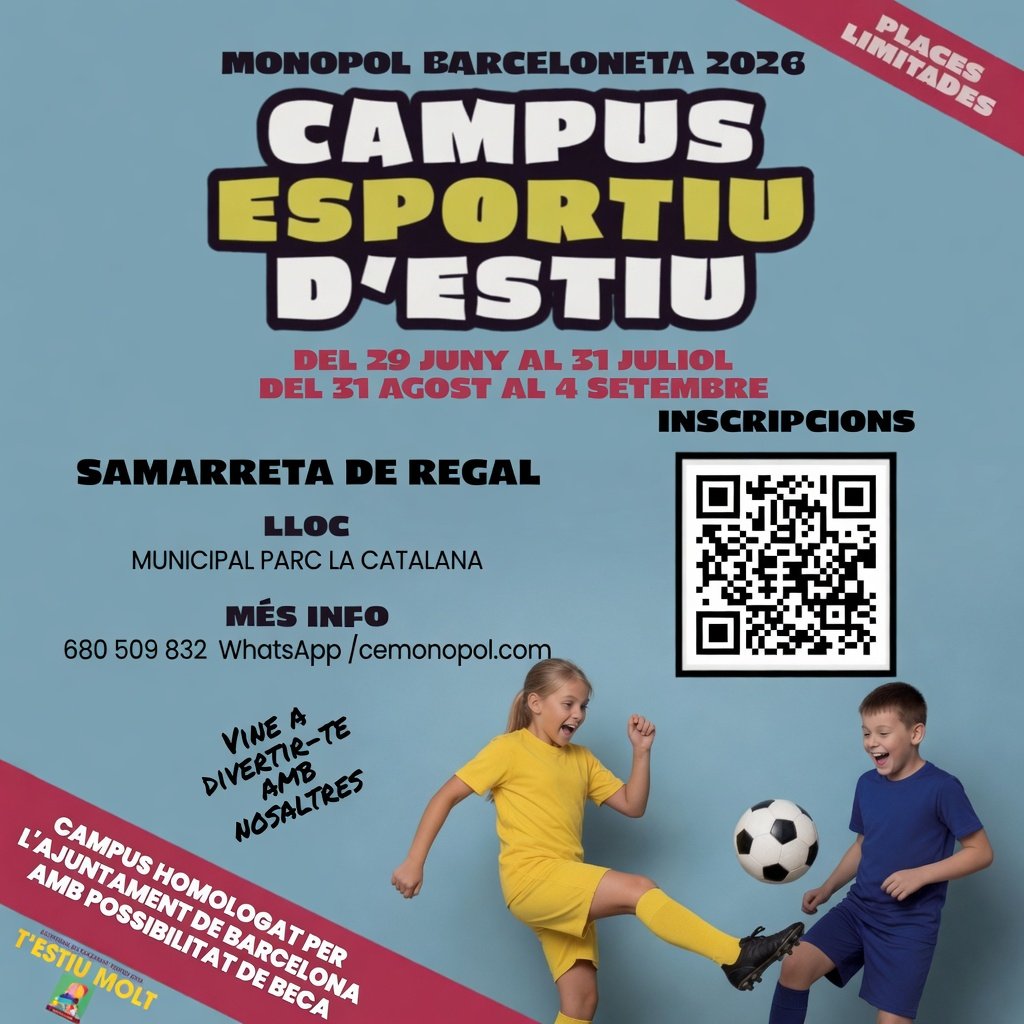 SomMariners's tweet photo. CAMPUS D'ESTIU 2026! ⚽🏖️

Inscripcions obertes! ⚽

Campus de tecnificació! Apunta't omplint el formulari adjunt o a les oficines del Parc de la Catalana. 

Més informació 
📲 680 509 832

🔗 https://t.co/oWDaDLn3Aw

#SomMariners ♥️🤍 #Barceloneta https://t.co/4UzJovQHla