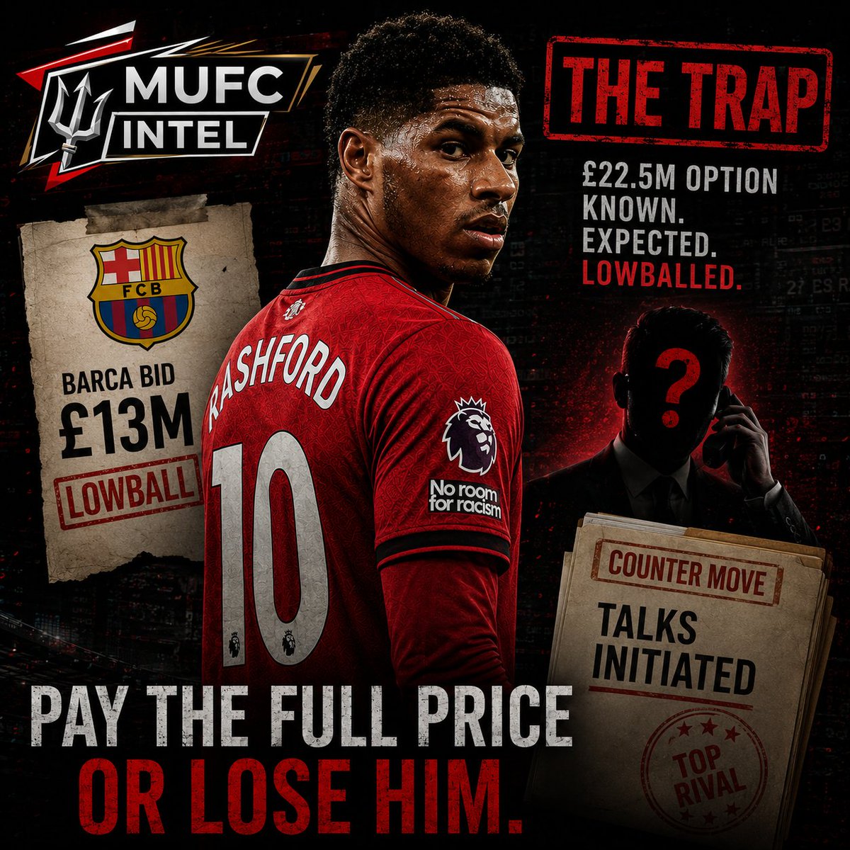 MUFC_INTEL's tweet photo. 🚨 Barca's £13m bid for Rashford is real, but it's a trap.

​INEOS knew Laporta would lowball the £22.5m option. 

The counter? United secretly initiated talks with a massive rival team to hijack the deal.

​Pay the full price or lose him. 🤯

​#MUFC #rashford #barcelona https://t.co/65xy9Tpcqu