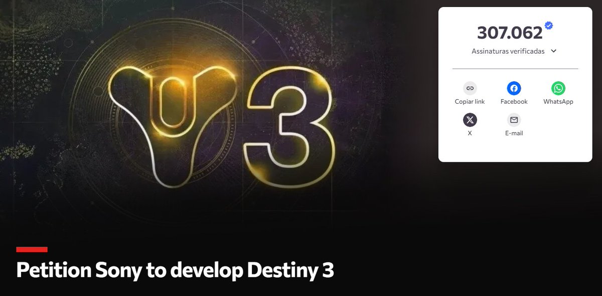 rebeC4lamity's tweet photo. A petição por um Destiny 3 ultrapassou as 300 mil assinaturas. Isso é insano! Esse é o caminho. É assim que vamos mostrar a nossa força. Loguem no dia 9, façam isso acontecer e não deem ouvidos aos haters pessimistas, porque eles têm o sangue do nosso jogo nas mãos! #WeWantDestiny3