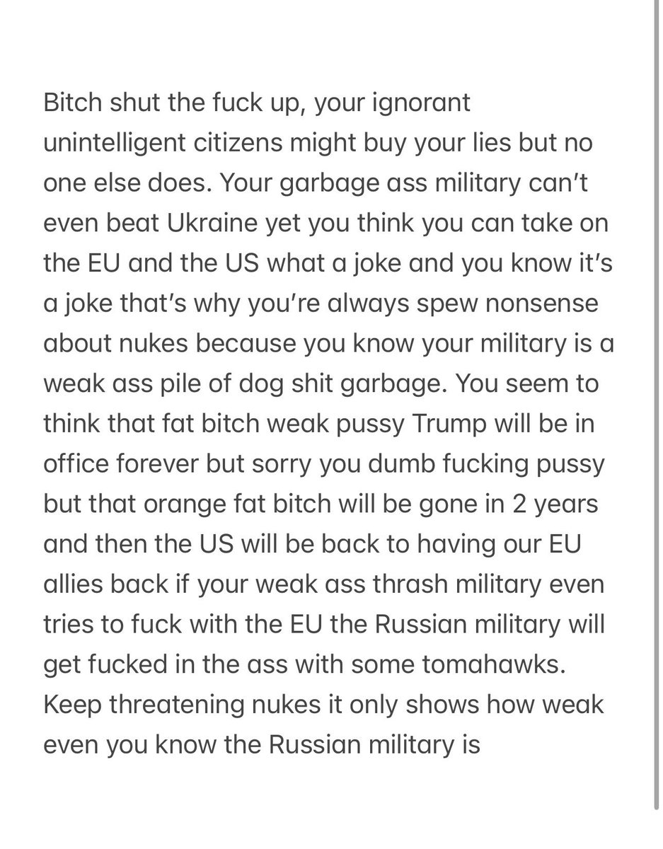 TreasonousMusk's tweet photo. @MedvedevRussiaE Shut the fuk up b;tch https://t.co/kTuj6ThfA0