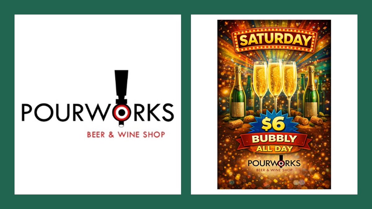 PourWorks's tweet photo. Happy Saturday!  We’re poppin bottles all day and night🥂 $6 glasses of bubbly every Saturday at Pourworks. Cheers to weekends done right!  Pourworks always has a terrific selection of Craft Beers on tap and now special Cocktails and Bourbons! 

#SaturdaySips #BubblyOnABudget https://t.co/Gu4c6UhB9r