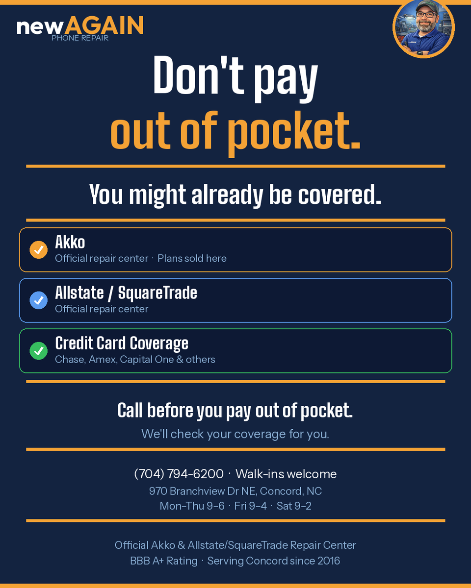 newagainconcord's tweet photo. Did you know your credit card might cover your phone repair? Chase, Amex, Capital One — many cards include phone protection. We're also an official Akko and Allstate/SquareTrade repair center. Call before you pay out of pocket. Concord, NC · (704) 794-6200 https://t.co/3PNyMt4jM0