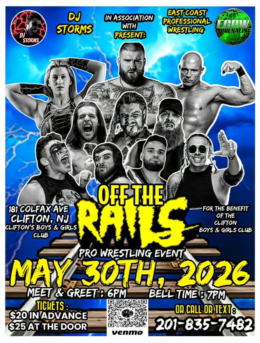 HistoryMakerDJS's tweet photo. TODAY AT 7pm, The second annual #OffTheRails event will be streaming LIVE on @YouTube &amp; @rumblevideo!!!! 

Set your notifications to watch the first ever professional wrestling event to take place inside the Clifton Boys &amp; Girls Club! 

#DJStorms #Wrestling #ECPW https://t.co/pF3EsW4Vba