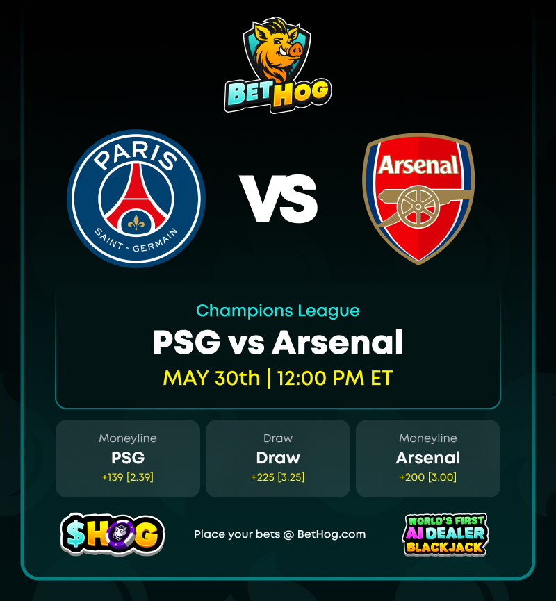 BetHog's tweet photo. UEFA CHAMPIONS LEAGUE FINAL 👀

🇫🇷 PSG vs. Arsenal 🏴

Who’s punching their ticket to the final?

🔵 PSG +139
🤝 Draw +225
🔴 Arsenal +200 https://t.co/U8yBYF1SNs