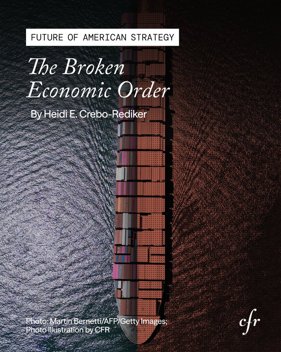 CFR_org's tweet photo. "The next U.S. president will inherit a transformed global economic system, one likely to bear little resemblance to that which preceded Donald Trump's reelection in 2024," writes expert @heidirediker. "Alliances will be damaged, institutions weakened, strategic dependencies more acute, and the line between economic policy and national security nearly erased." Read more: https://t.co/byRgDM1nCV