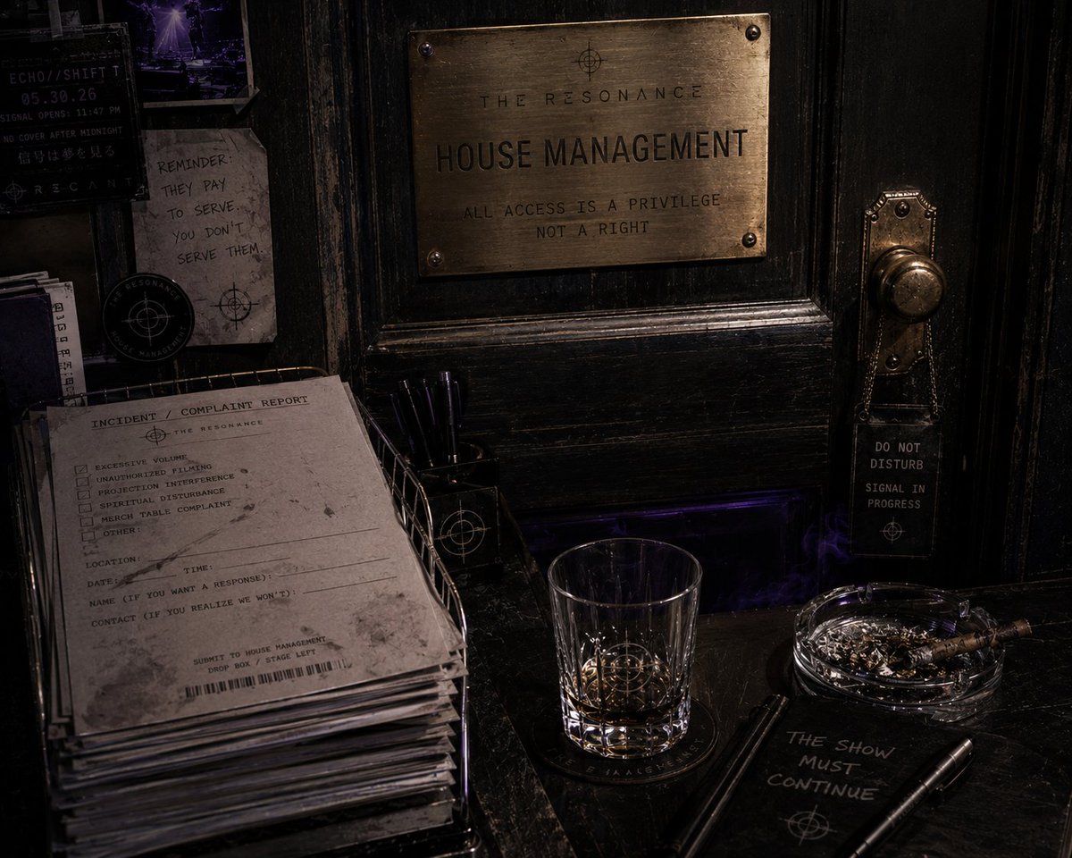 3CH05H1FT's tweet photo. A reminder that House Management is available to address any concerns regarding:

☐ Excessive Volume
☐ Unauthorized Miracles
☐ Signal Adhesion
☐ Choir Manifestation
☐ Temporal Displacement
☐ Merch Table Disturbances

Please allow 6–8 business eternities for processing. https://t.co/3eeJXweQW3